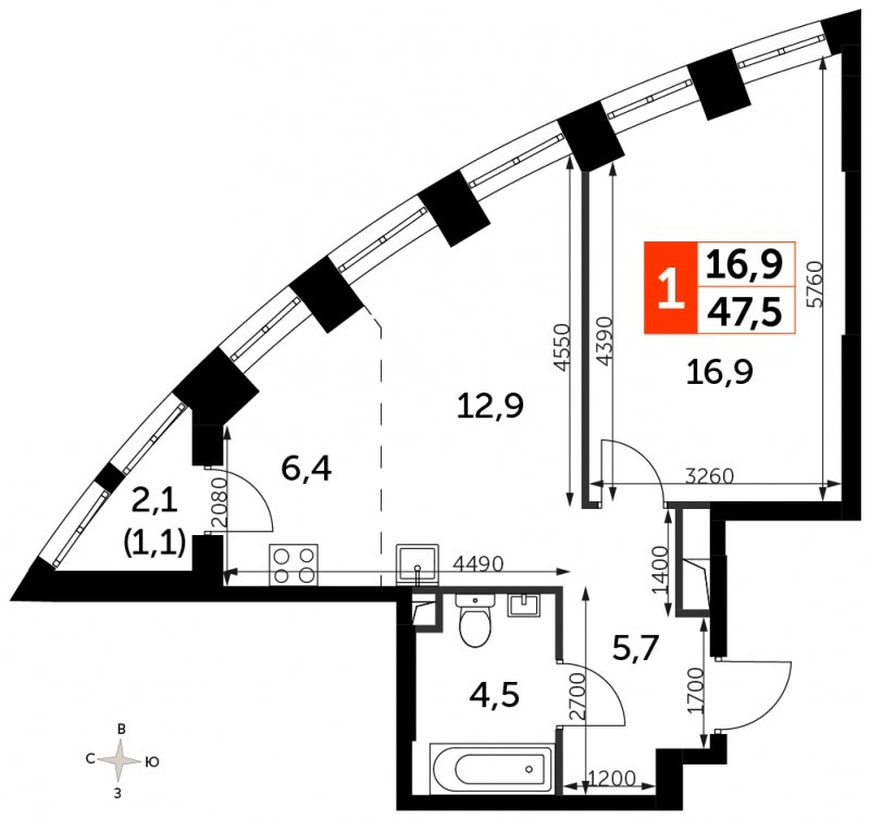 1-комнатная квартира с частичной отделкой, 47.5 м2, 8 этаж, сдача 3 квартал 2024 г., ЖК Sydney City, корпус 2.2 - объявление 1664173 - фото №1