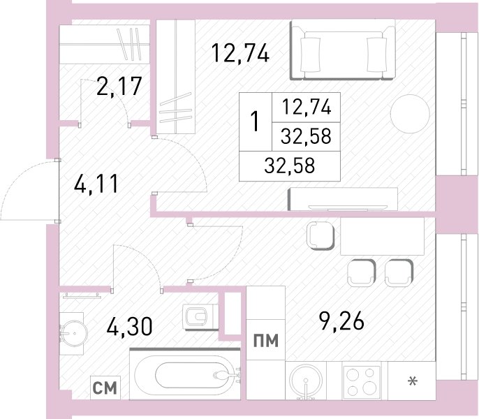 1-комнатная квартира с полной отделкой, 32.1 м2, 2 этаж, сдача 2 квартал 2023 г., ЖК Столичный, корпус 24 - объявление 2065851 - фото №1