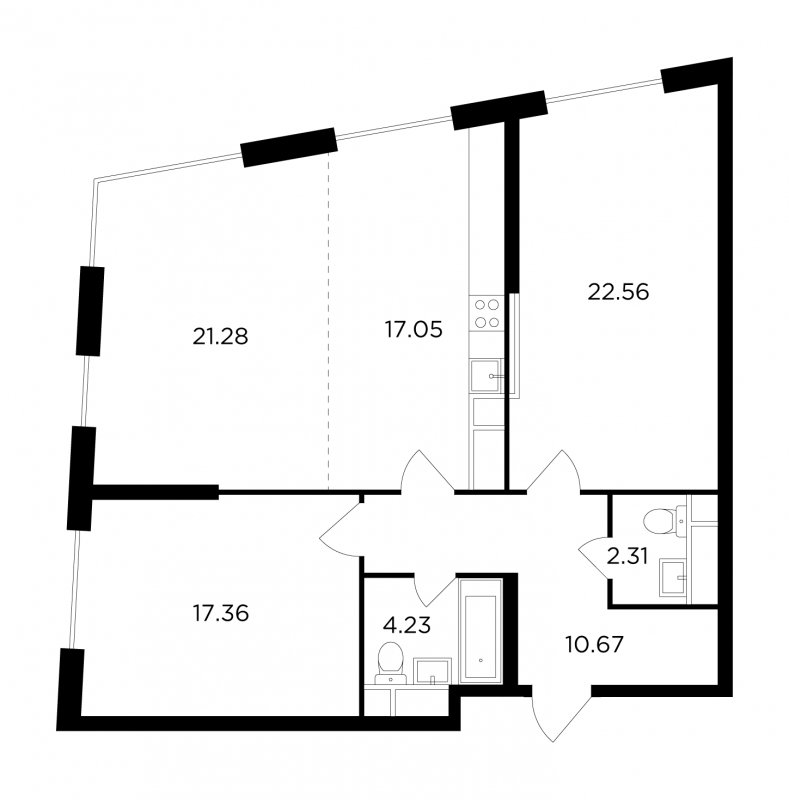 3-комнатная квартира без отделки, 93.49 м2, 25 этаж, сдача 2 квартал 2022 г., ЖК КутузовGRAD 2, корпус 4 - объявление 1716196 - фото №1