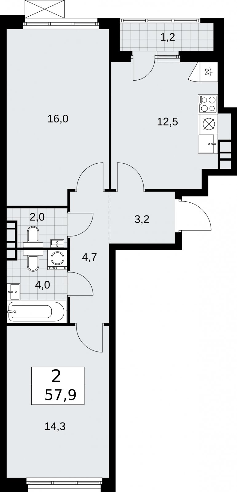 2-комнатная квартира без отделки, 57.9 м2, 6 этаж, сдача 2 квартал 2026 г., ЖК Бунинские кварталы, корпус 5.4 - объявление 2297842 - фото №1