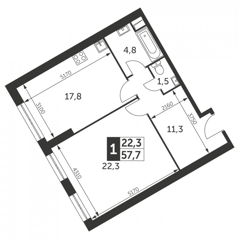 1-комнатная квартира без отделки, 57.7 м2, 38 этаж, сдача 4 квартал 2023 г., ЖК Архитектор, корпус 3 - объявление 1612639 - фото №1