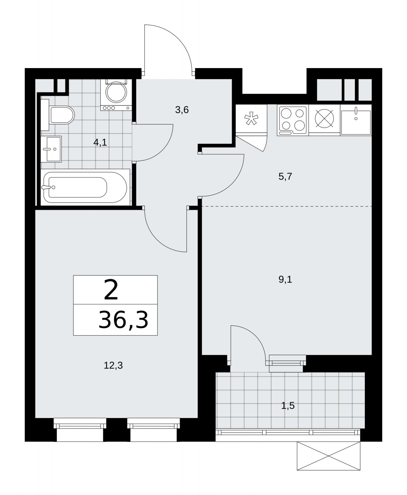 2-комнатная квартира (евро) с частичной отделкой, 36.3 м2, 3 этаж, сдача 2 квартал 2026 г., ЖК Скандинавия, корпус 25.1 - объявление 2283322 - фото №1