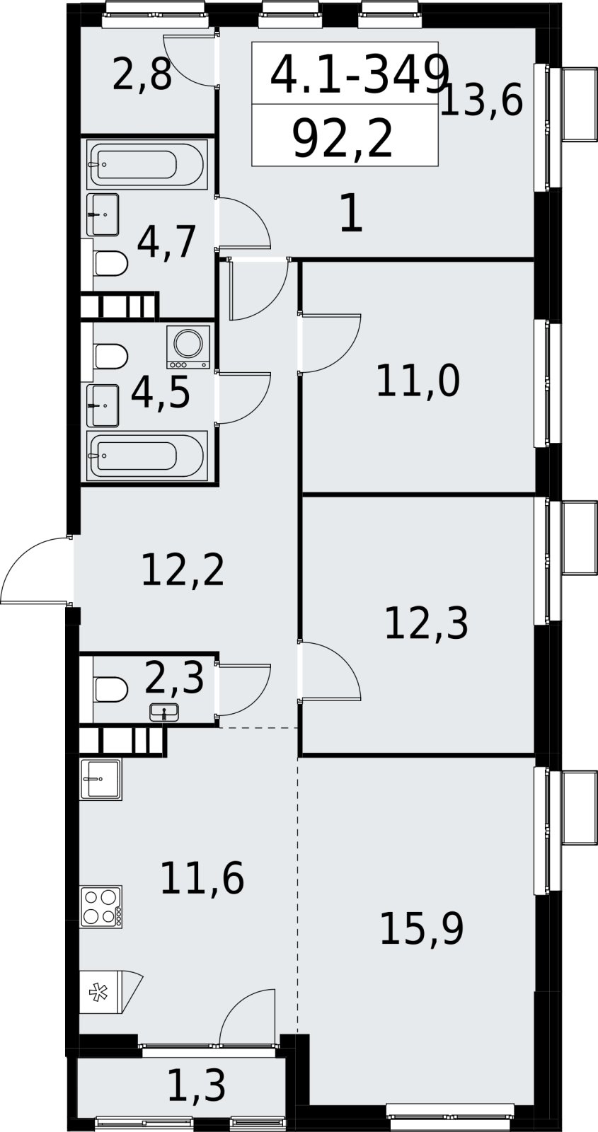 4-комнатная квартира (евро) с полной отделкой, 92.2 м2, 18 этаж, сдача 2 квартал 2027 г., ЖК Южные сады, корпус 4.1.2 - объявление 2392857 - фото №1