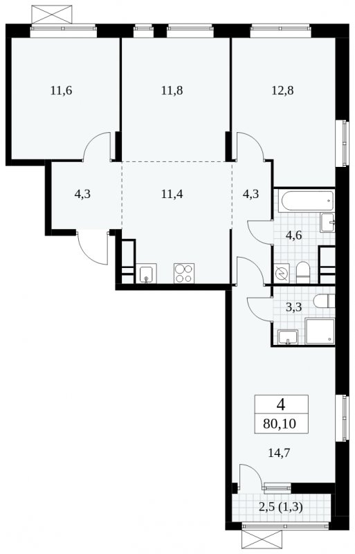 4-комнатная квартира (евро) без отделки, 80.1 м2, 14 этаж, сдача 1 квартал 2025 г., ЖК Прокшино, корпус 5.2.3 - объявление 1751423 - фото №1