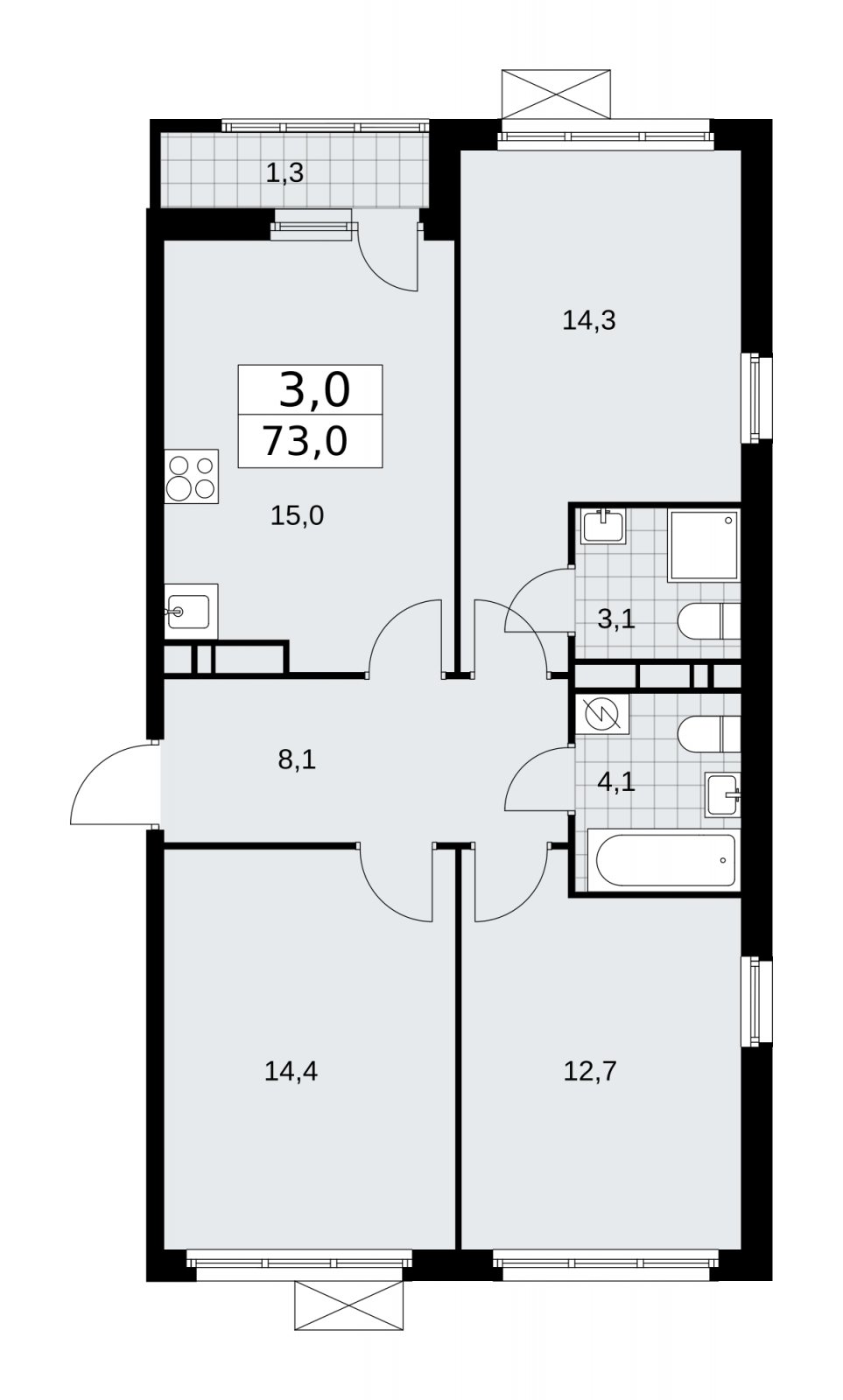 3-комнатная квартира с частичной отделкой, 73 м2, 10 этаж, сдача 1 квартал 2026 г., ЖК Скандинавия, корпус 37.1.3 - объявление 2216494 - фото №1