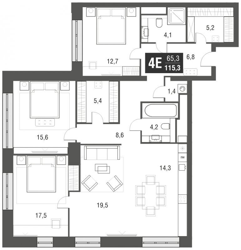 4-комнатная квартира (евро) с частичной отделкой, 115.3 м2, 37 этаж, сдача 2 квартал 2024 г., ЖК AFI Tower, корпус 1 - объявление 1930864 - фото №1