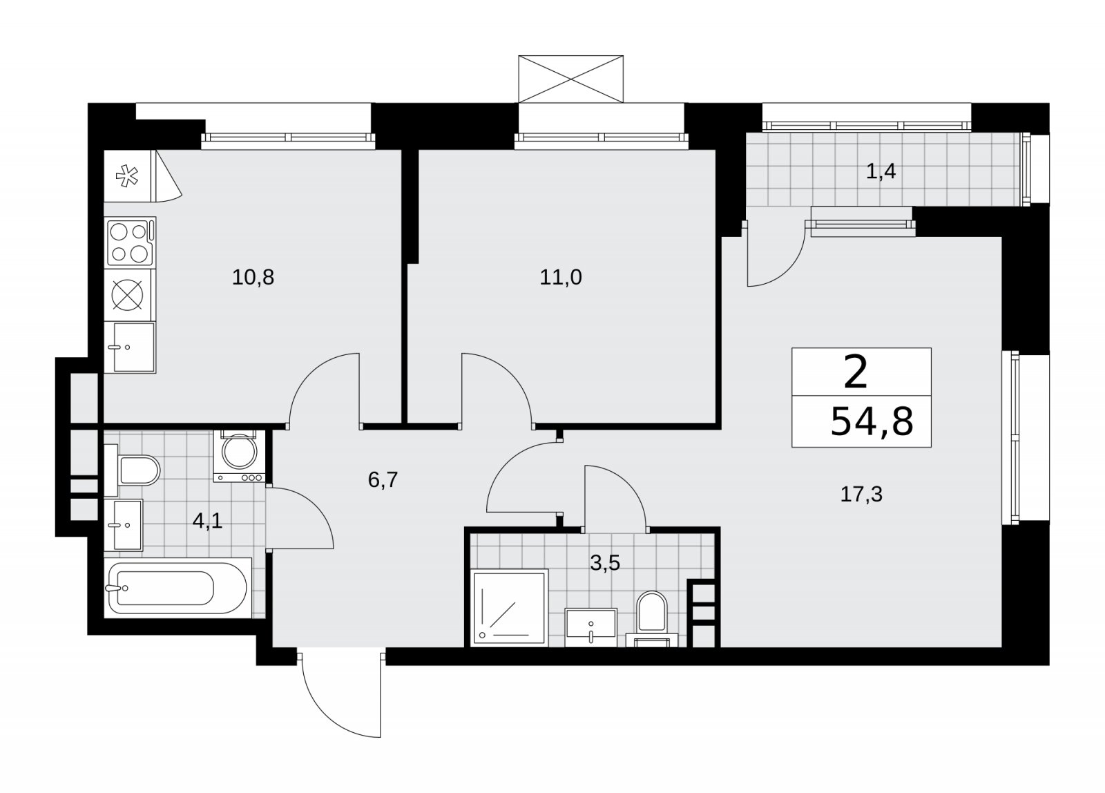 2-комнатная квартира без отделки, 54.8 м2, 4 этаж, сдача 4 квартал 2025 г., ЖК Бунинские кварталы, корпус 6.4 - объявление 2252714 - фото №1