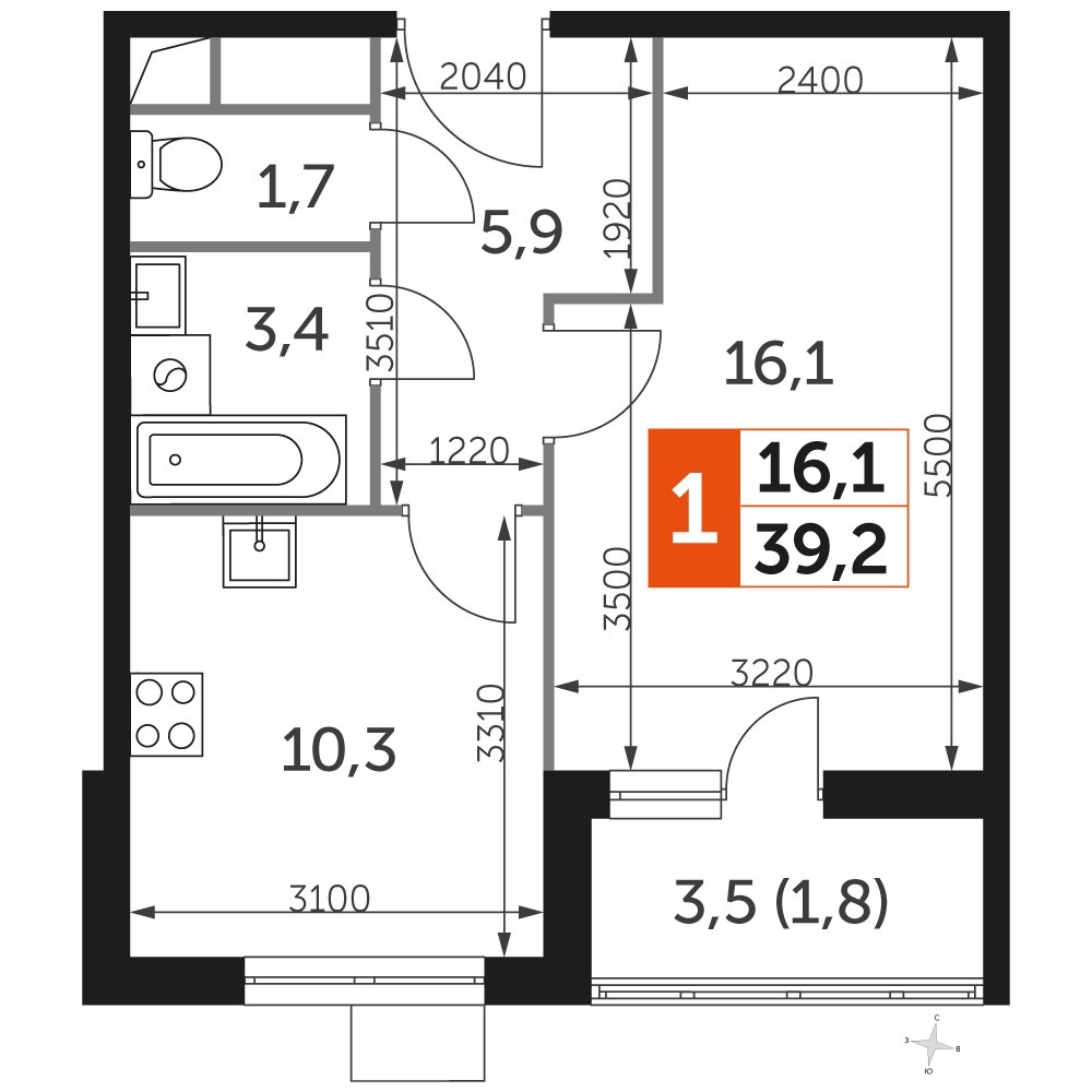 1-комнатная квартира с частичной отделкой, 39.2 м2, 4 этаж, сдача 3 квартал 2023 г., ЖК UP-квартал Римский, корпус 7 - объявление 2231444 - фото №1