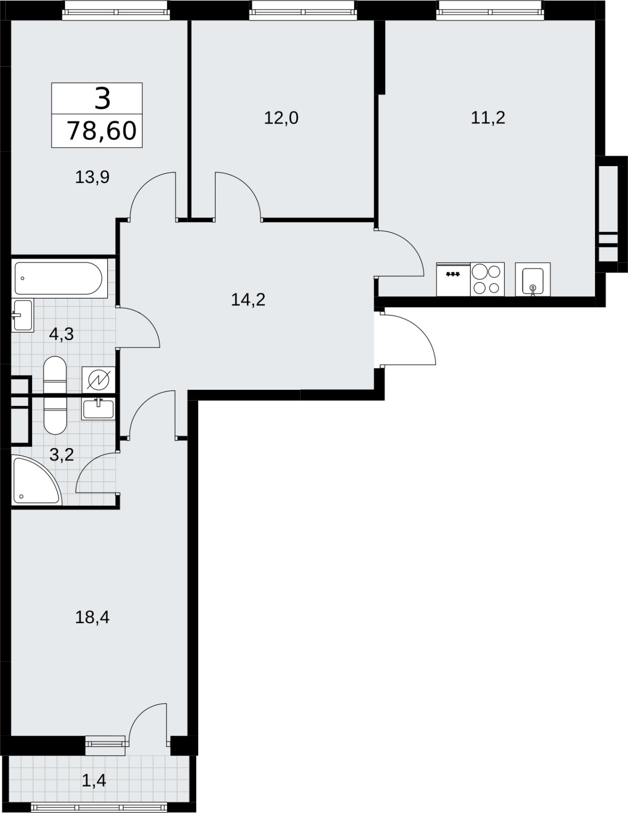 3-комнатная квартира без отделки, 78.6 м2, 7 этаж, сдача 3 квартал 2026 г., ЖК Родные кварталы, корпус 3.1 - объявление 2378293 - фото №1
