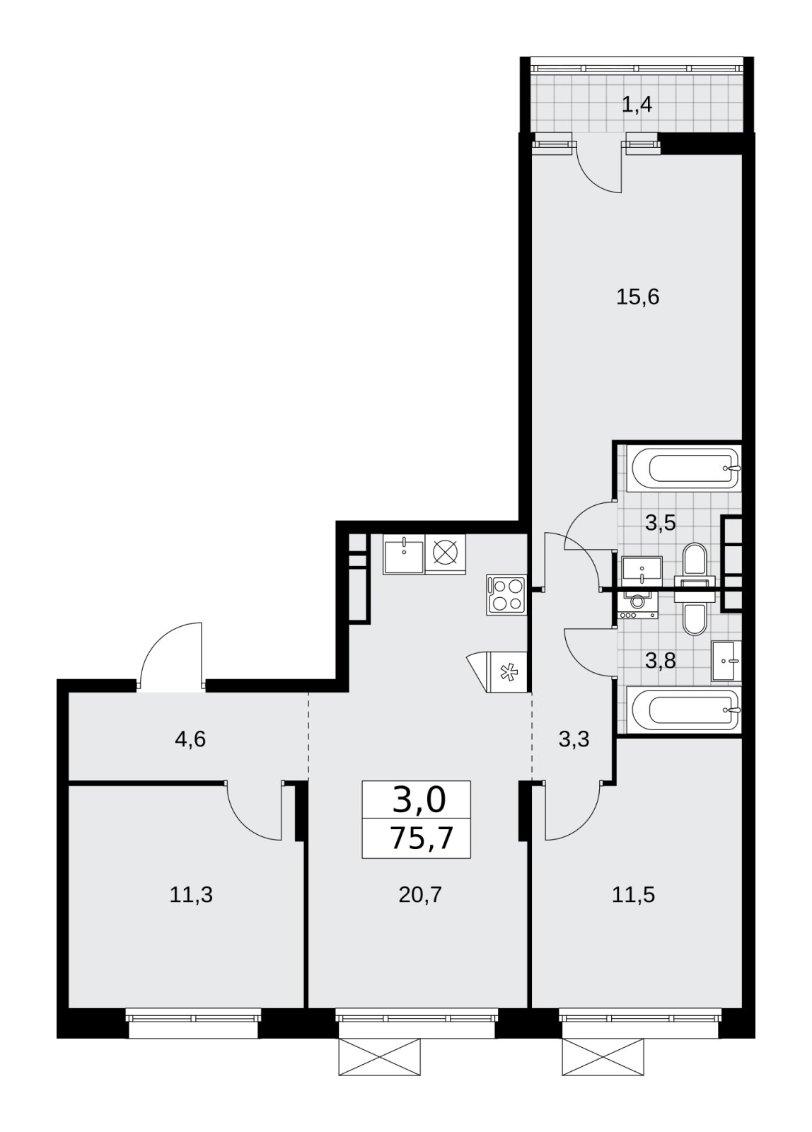 3-комнатная квартира с частичной отделкой, 75.7 м2, 11 этаж, сдача 2 квартал 2026 г., ЖК Прокшино, корпус 10.1.5 - объявление 2227636 - фото №1
