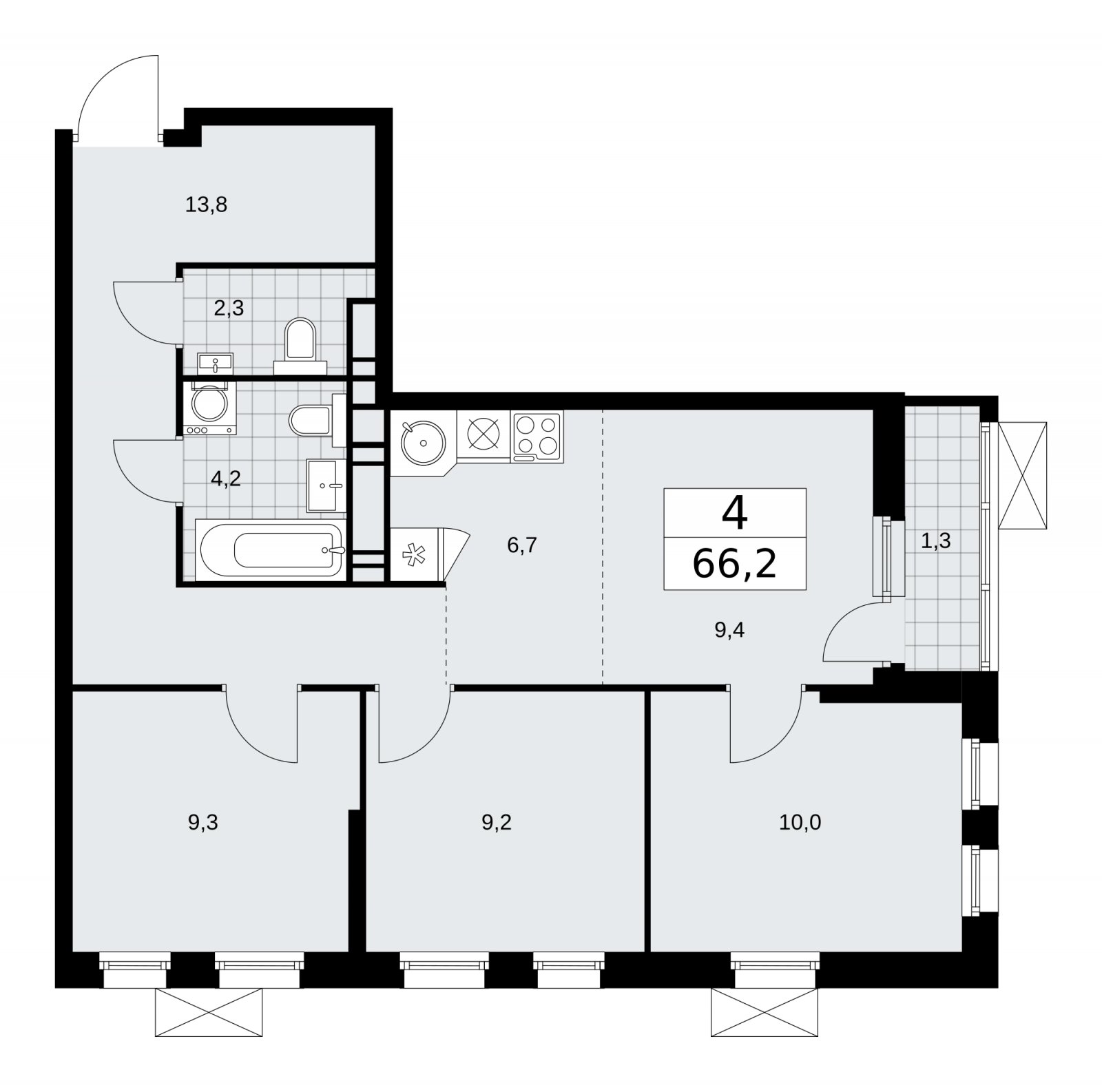 4-комнатная квартира (евро) без отделки, 66.2 м2, 16 этаж, сдача 1 квартал 2026 г., ЖК Скандинавия, корпус 37.2.2 - объявление 2254601 - фото №1