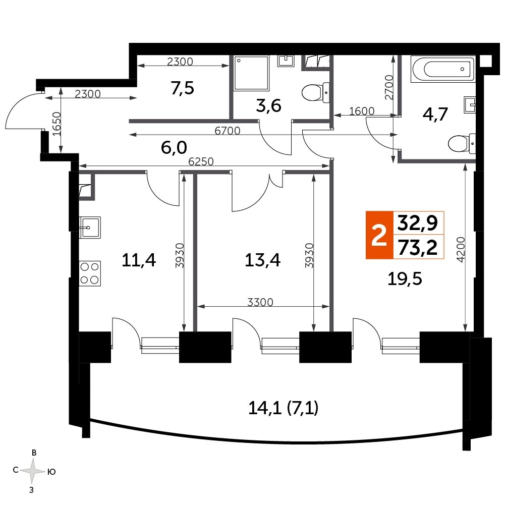 2-комнатная квартира с частичной отделкой, 73.2 м2, 6 этаж, сдача 3 квартал 2024 г., ЖК Sydney City, корпус 2.2 - объявление 2246540 - фото №1