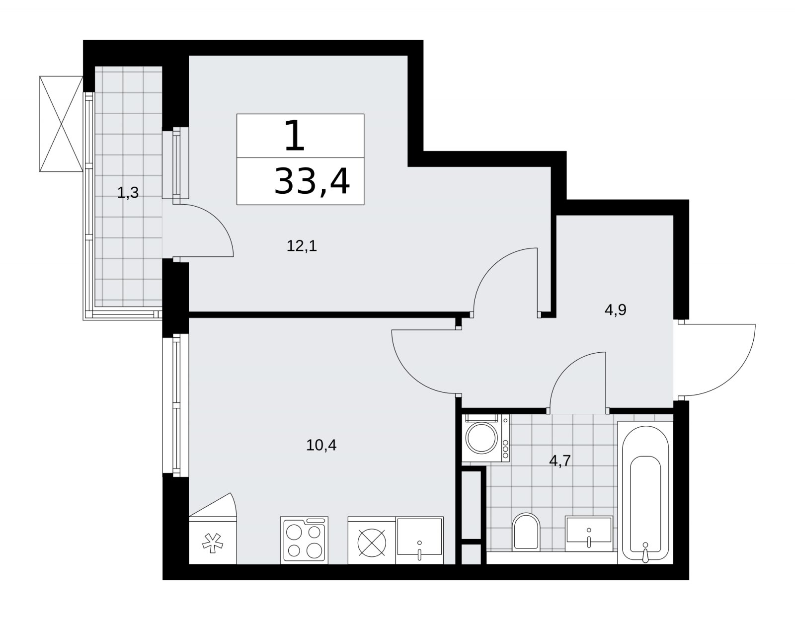 1-комнатная квартира без отделки, 33.4 м2, 5 этаж, сдача 1 квартал 2026 г., ЖК Прокшино, корпус 11.2.1 - объявление 2269916 - фото №1