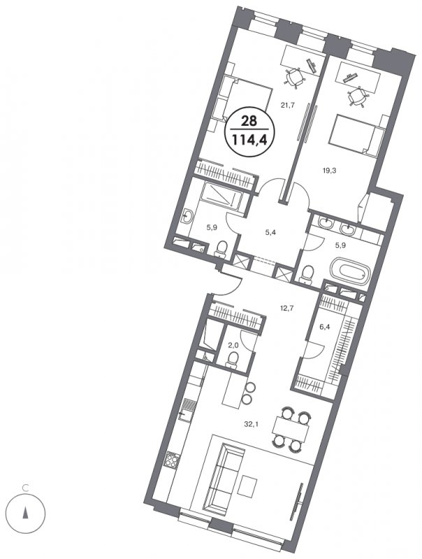 2-комнатные апартаменты без отделки, 114.4 м2, 4 этаж, дом сдан, ЖК Театральный дом, корпус 1 - объявление 1973493 - фото №1