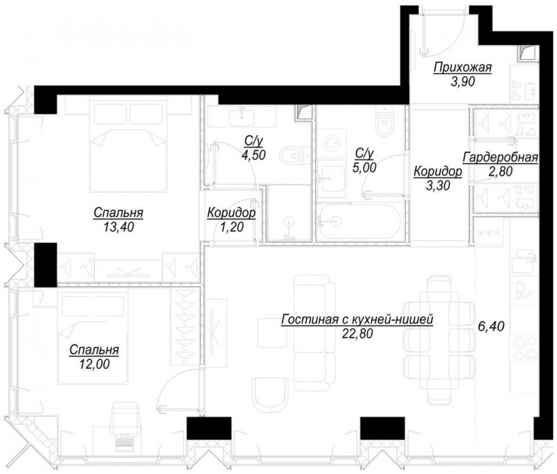 2-комнатная квартира с частичной отделкой, 75.3 м2, 3 этаж, сдача 1 квартал 2023 г., ЖК Hide, корпус ParkLane - объявление 1707109 - фото №1
