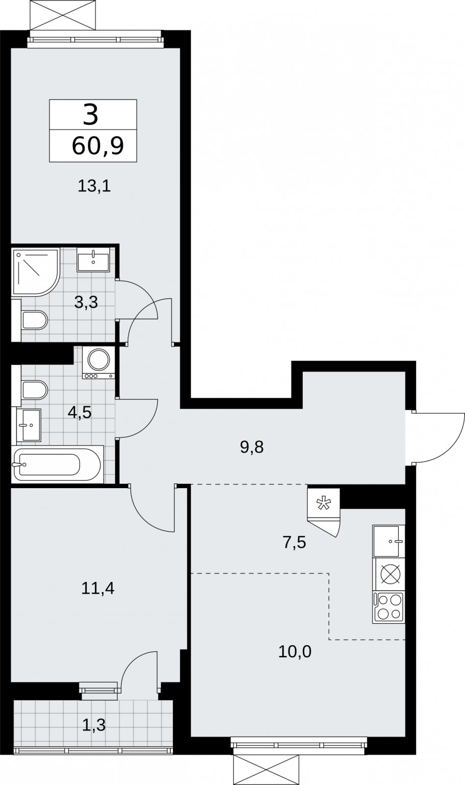3-комнатная квартира (евро) с полной отделкой, 60.9 м2, 10 этаж, сдача 2 квартал 2026 г., ЖК Бунинские кварталы, корпус 7.1 - объявление 2319281 - фото №1