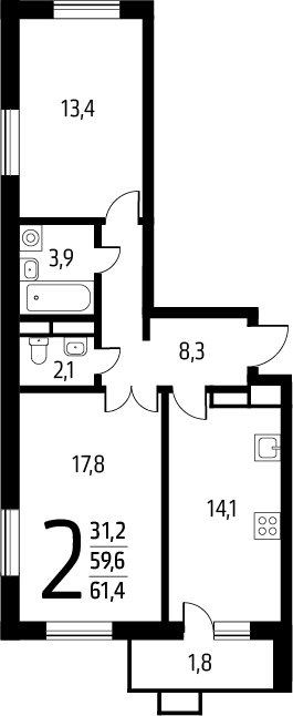 2-комнатная квартира с полной отделкой, 61.4 м2, 14 этаж, сдача 1 квартал 2025 г., ЖК Новые Ватутинки. Заречный, корпус 5/1 - объявление 2272111 - фото №1