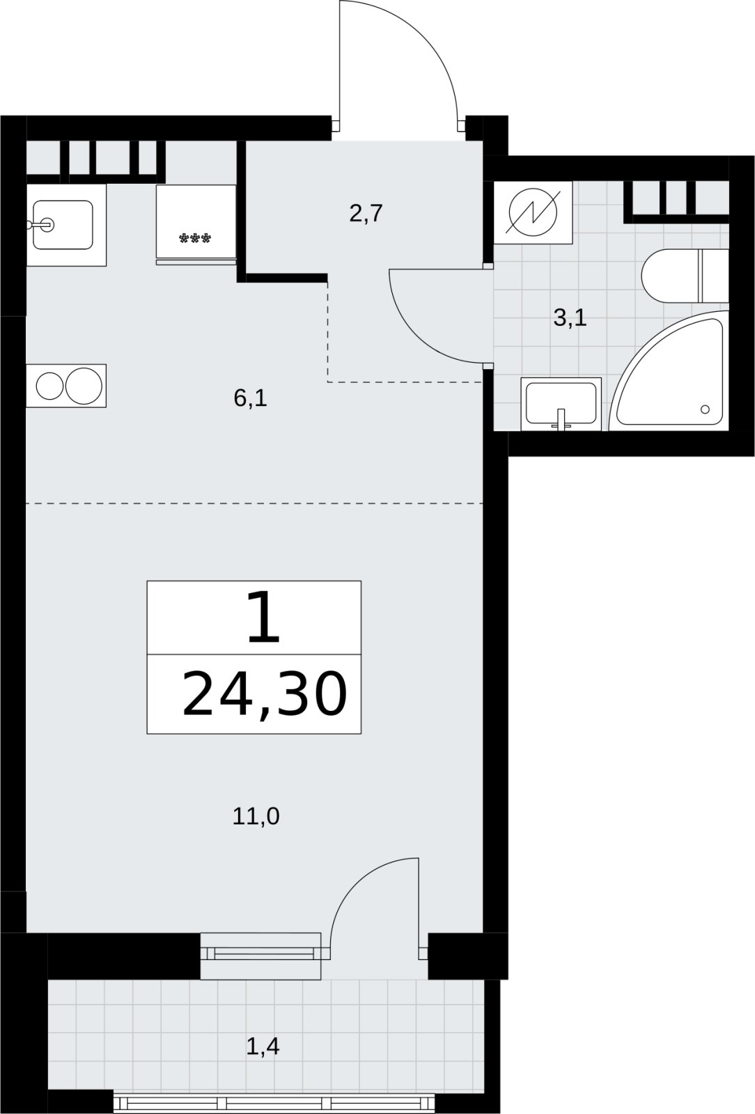 Студия с полной отделкой, 24.3 м2, 5 этаж, сдача 4 квартал 2026 г., ЖК Родные кварталы, корпус 3.3 - объявление 2378512 - фото №1