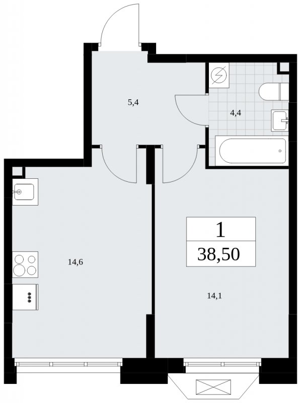 1-комнатная квартира с полной отделкой, 38.5 м2, 2 этаж, сдача 2 квартал 2025 г., ЖК Бунинские кварталы, корпус 1.2 - объявление 1834437 - фото №1