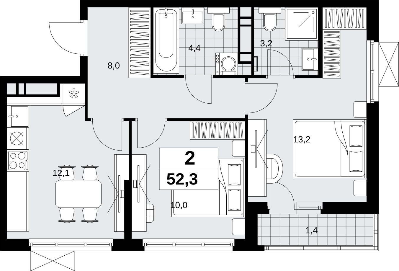 2-комнатная квартира с полной отделкой, 52.3 м2, 13 этаж, сдача 1 квартал 2027 г., ЖК Скандинавия, корпус 2.18.2.1 - объявление 2351165 - фото №1