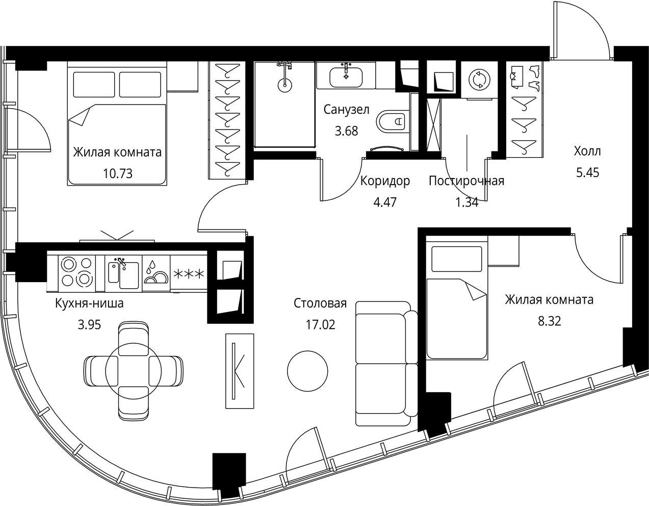 2-комнатная квартира с частичной отделкой, 54.96 м2, 16 этаж, сдача 3 квартал 2026 г., ЖК City Bay, корпус North Ocean 8 - объявление 2332319 - фото №1