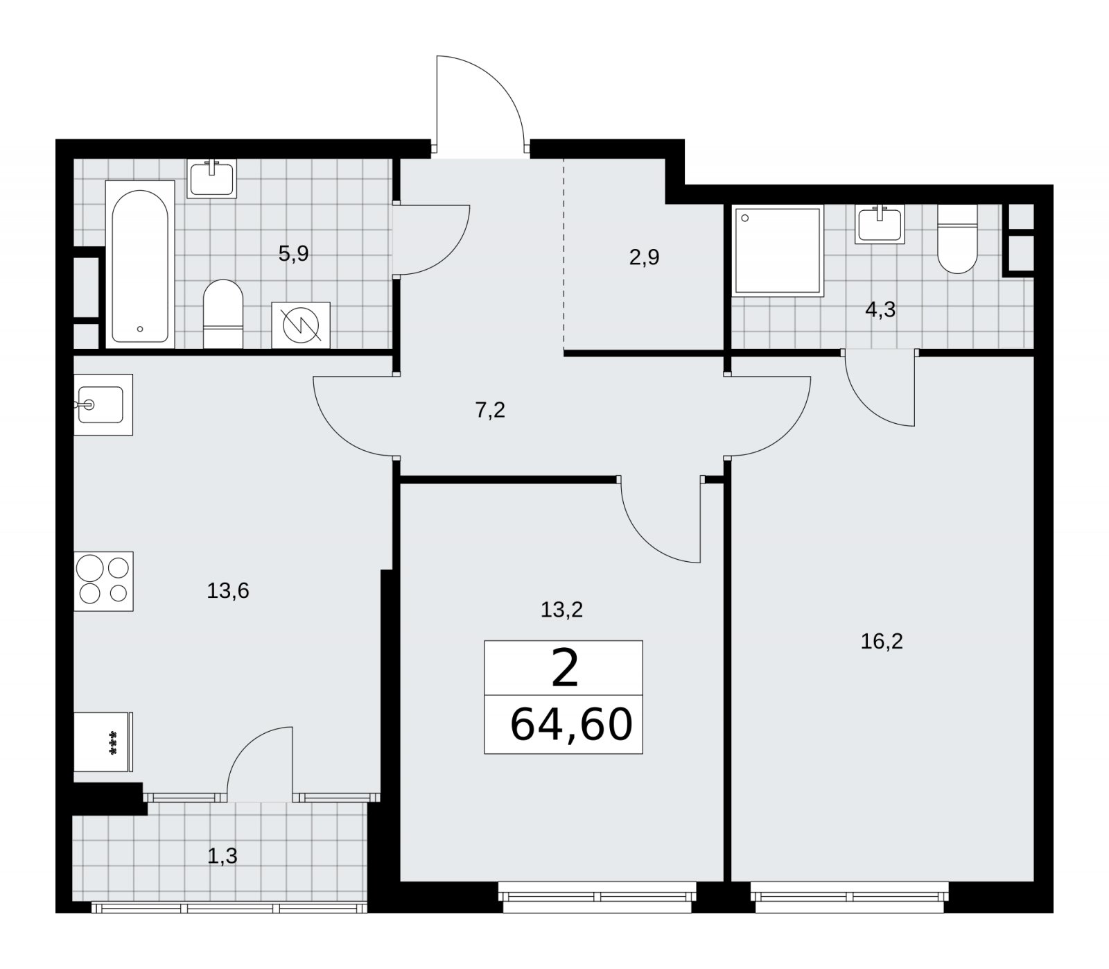 2-комнатная квартира с частичной отделкой, 64.6 м2, 3 этаж, сдача 1 квартал 2026 г., ЖК Дом на Зорге, корпус 25 - объявление 2220996 - фото №1