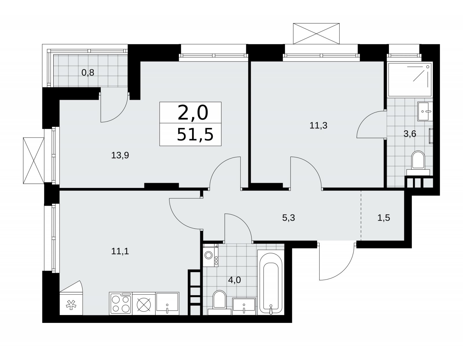 2-комнатная квартира с частичной отделкой, 51.5 м2, 15 этаж, сдача 2 квартал 2026 г., ЖК Прокшино, корпус 10.1.4 - объявление 2227419 - фото №1