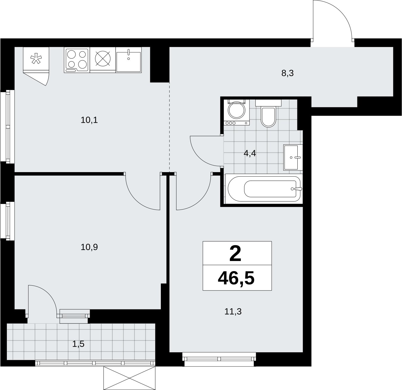 2-комнатная квартира с полной отделкой, 46.5 м2, 4 этаж, сдача 3 квартал 2026 г., ЖК Дзен-кварталы, корпус 6.1.3 - объявление 2327389 - фото №1