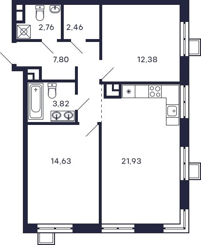 2-комнатная квартира с частичной отделкой, 65.78 м2, 16 этаж, сдача 2 квартал 2026 г., ЖК Квартал Тетрис, корпус С-2.2 - объявление 2183584 - фото №1