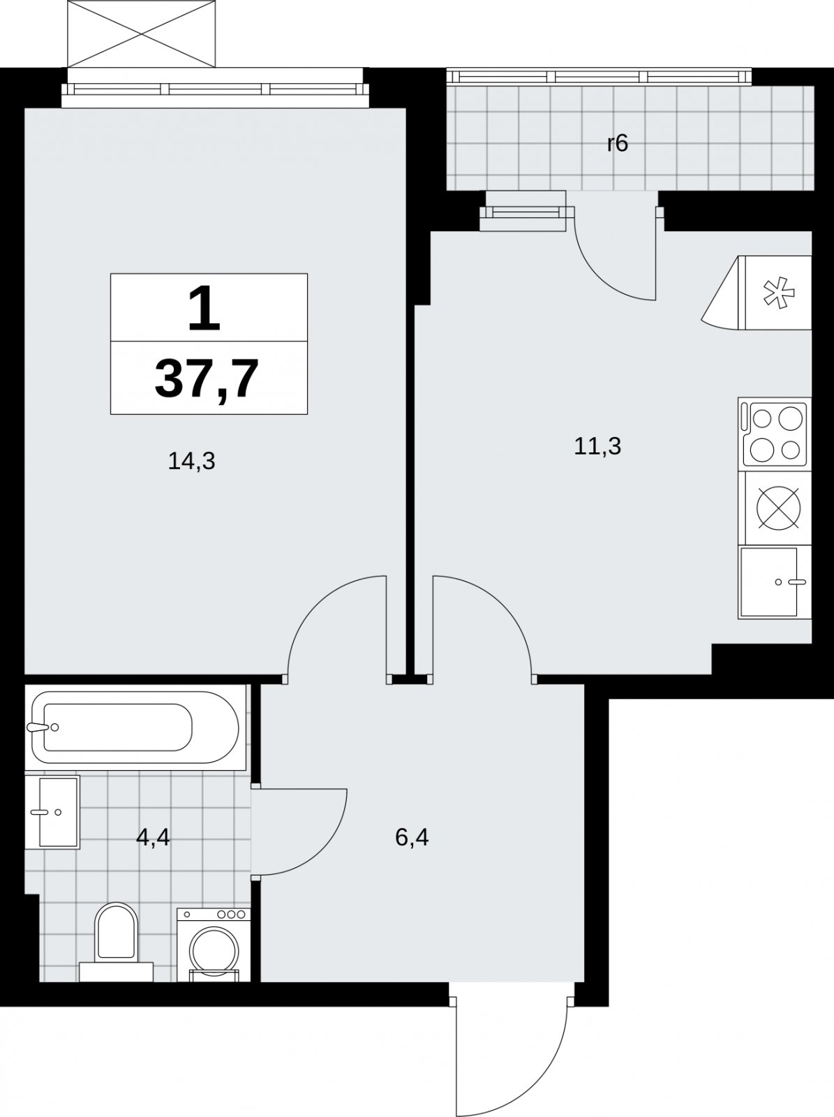 1-комнатная квартира без отделки, 37.7 м2, 4 этаж, сдача 1 квартал 2026 г., ЖК Дзен-кварталы, корпус 6.2.1 - объявление 2328527 - фото №1