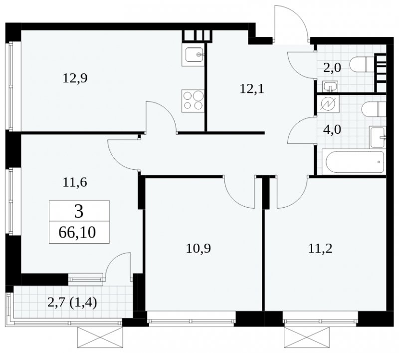3-комнатная квартира без отделки, 66.1 м2, 6 этаж, сдача 1 квартал 2025 г., ЖК Прокшино, корпус 5.2.1 - объявление 1750978 - фото №1