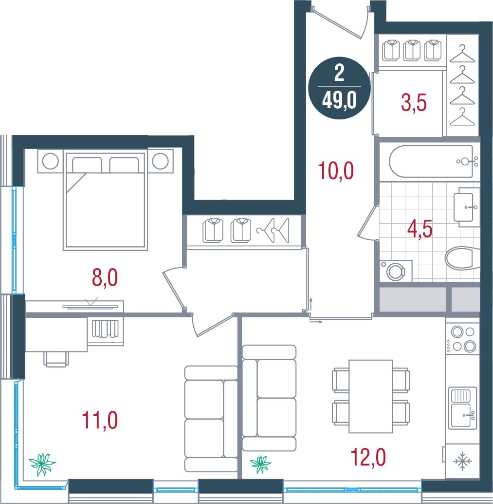 2-комнатная квартира без отделки, 49 м2, 10 этаж, дом сдан, ЖК РУСИЧ Новые Котельники, корпус 4 - объявление 2433346 - фото №1