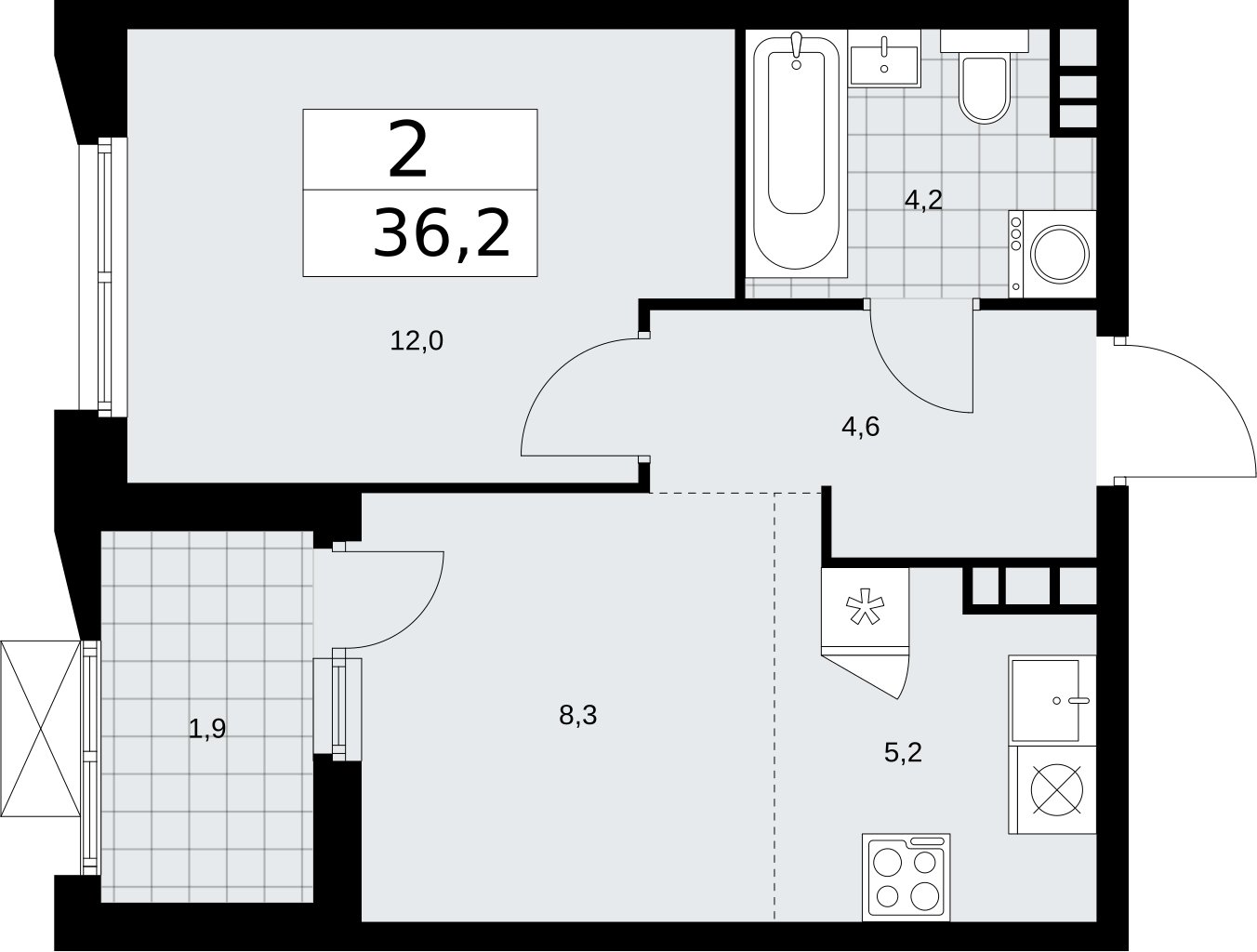 2-комнатная квартира (евро) без отделки, 36.2 м2, 11 этаж, сдача 2 квартал 2026 г., ЖК Бунинские кварталы, корпус 5.2 - объявление 2297393 - фото №1