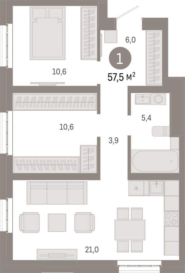 2-комнатная квартира с частичной отделкой, 57.5 м2, 6 этаж, сдача 3 квартал 2026 г., ЖК Квартал Метроном, корпус 1 - объявление 2300614 - фото №1