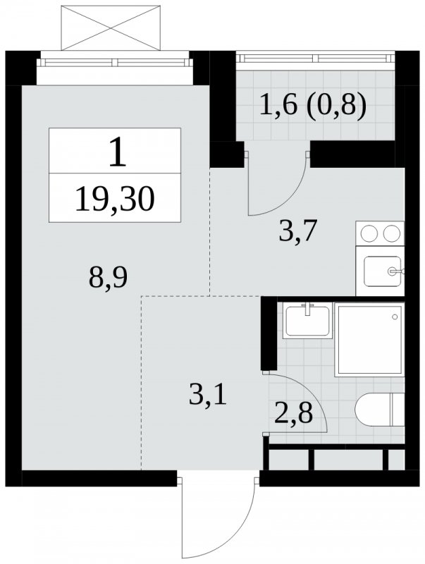 1-комнатная квартира без отделки, 19.3 м2, 6 этаж, сдача 2 квартал 2024 г., ЖК Прокшино, корпус 6.1 - объявление 1662579 - фото №1