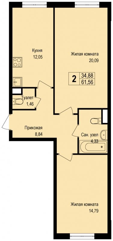 2-комнатная квартира без отделки, 61.56 м2, 1 этаж, сдача 3 квартал 2022 г., ЖК Новая Щербинка, корпус 12 - объявление 1520520 - фото №1