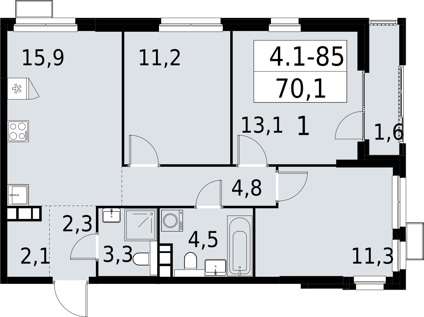 3-комнатная квартира с полной отделкой, 70.1 м2, 16 этаж, сдача 2 квартал 2027 г., ЖК Южные сады, корпус 4.1.1 - объявление 2392626 - фото №1