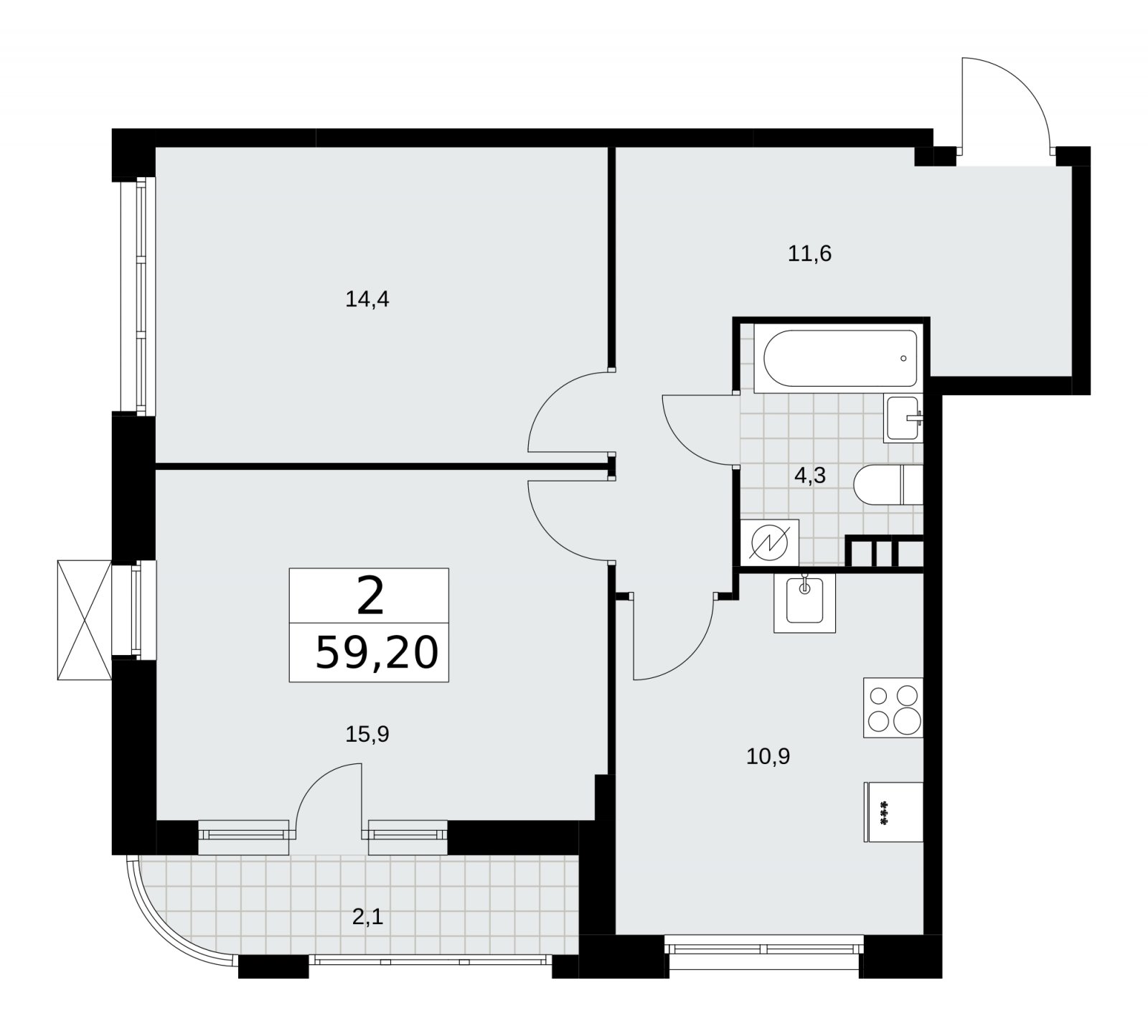 2-комнатная квартира без отделки, 59.2 м2, 3 этаж, сдача 3 квартал 2025 г., ЖК Скандинавия, корпус 28.2 - объявление 2202317 - фото №1