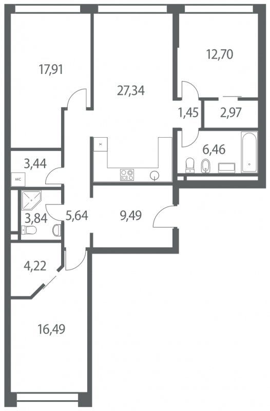 3-комнатная квартира без отделки, 111.95 м2, 6 этаж, сдача 4 квартал 2022 г., ЖК Headliner, корпус 10 - объявление 1299509 - фото №1