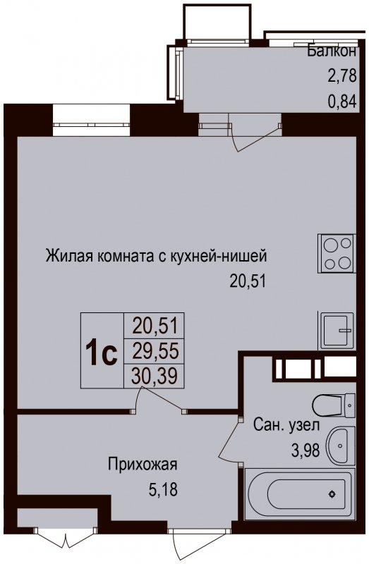 Студия без отделки, 30.39 м2, 3 этаж, дом сдан, ЖК Новая Щербинка, корпус 13 - объявление 1683351 - фото №1