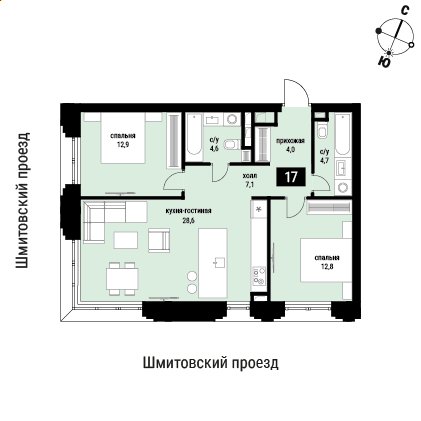 2-комнатная квартира без отделки, 73.7 м2, 3 этаж, сдача 2 квартал 2026 г., ЖК Шелепиха, корпус 1 - объявление 2386489 - фото №1
