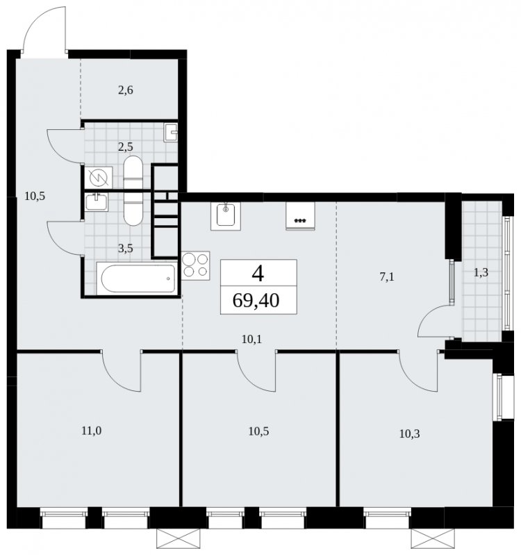 4-комнатная квартира (евро) без отделки, 69.4 м2, 15 этаж, сдача 2 квартал 2025 г., ЖК Дзен-кварталы, корпус 2.3 - объявление 1932650 - фото №1