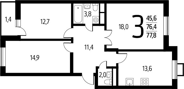 3-комнатная квартира с полной отделкой, 77.8 м2, 9 этаж, сдача 1 квартал 2025 г., ЖК Новые Ватутинки. Заречный, корпус 5/3 - объявление 2272152 - фото №1