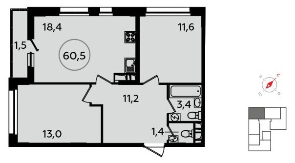 2-комнатная квартира без отделки, 60.5 м2, 13 этаж, сдача 1 квартал 2022 г., ЖК Скандинавия, корпус 13.1 - объявление 1411582 - фото №1