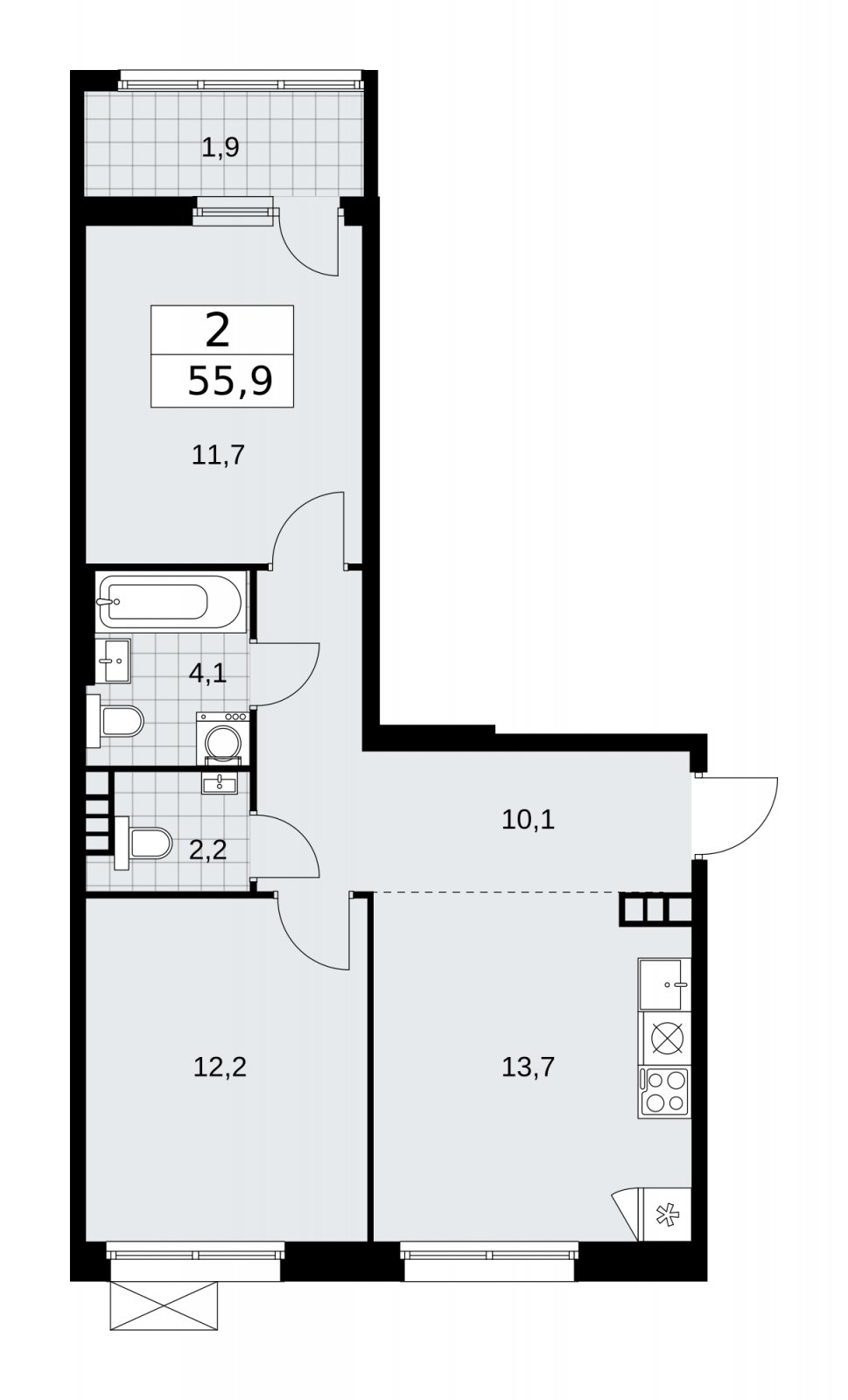 2-комнатная квартира с частичной отделкой, 55.9 м2, 4 этаж, сдача 2 квартал 2026 г., ЖК Дзен-кварталы, корпус 4.1 - объявление 2251408 - фото №1