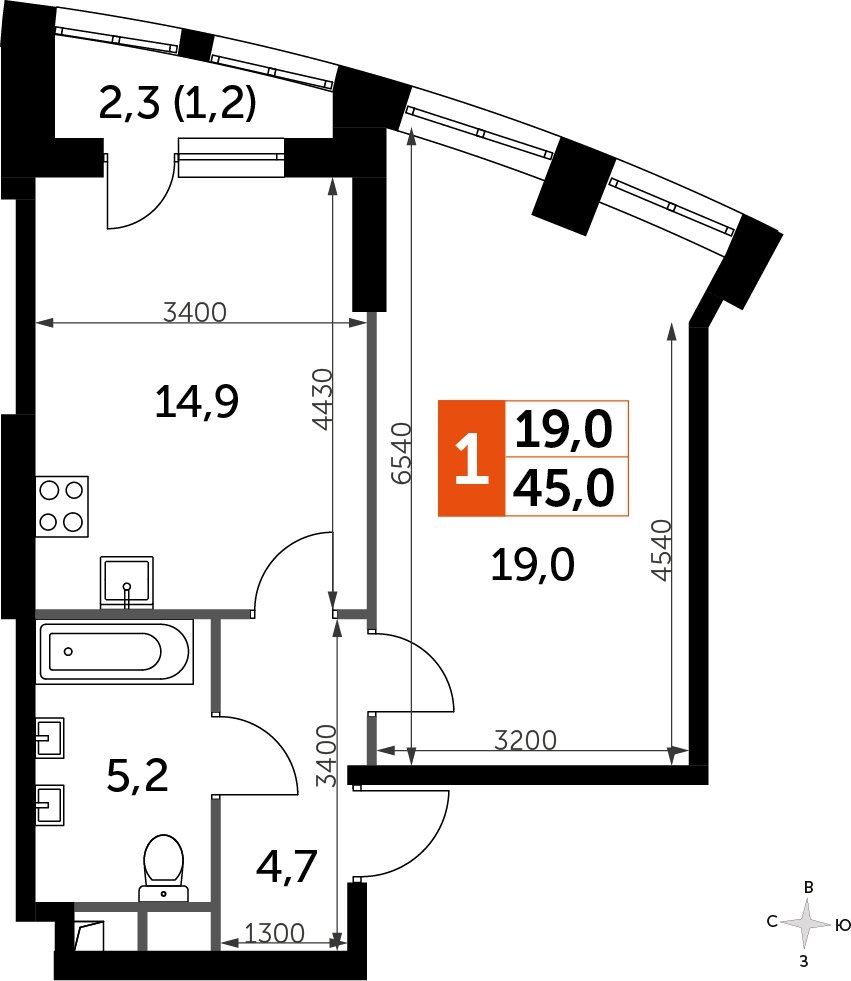 1-комнатная квартира с частичной отделкой, 45 м2, 5 этаж, сдача 3 квартал 2024 г., ЖК Sydney City, корпус 2.2 - объявление 2299350 - фото №1