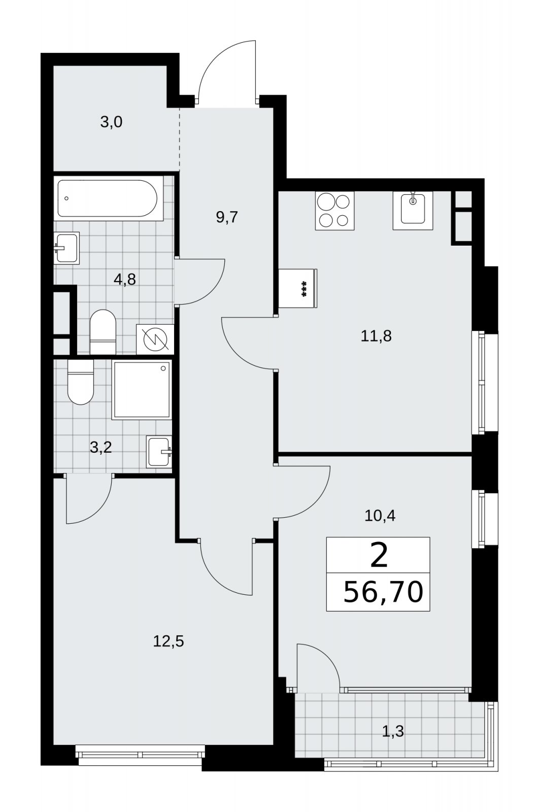 2-комнатная квартира с частичной отделкой, 56.7 м2, 8 этаж, сдача 1 квартал 2026 г., ЖК Дом на Зорге, корпус 25 - объявление 2221052 - фото №1