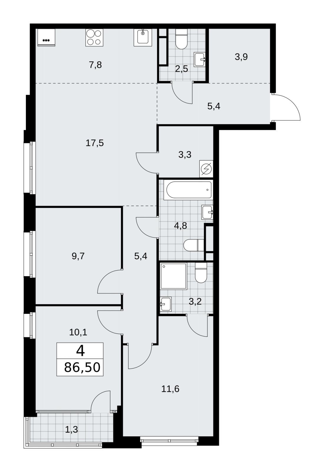 4-комнатная квартира (евро) с частичной отделкой, 86.5 м2, 13 этаж, сдача 1 квартал 2026 г., ЖК Дом на Зорге, корпус 25 - объявление 2221115 - фото №1