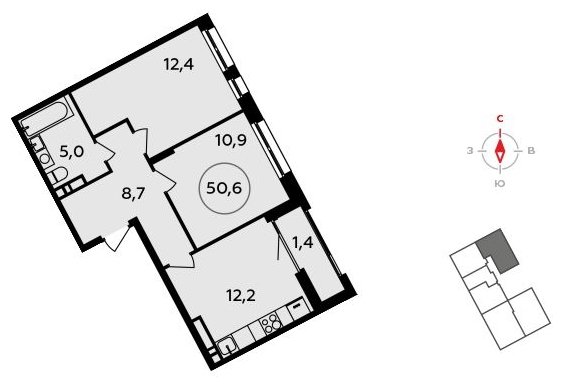 2-комнатная квартира без отделки, 50.6 м2, 12 этаж, сдача 3 квартал 2023 г., ЖК Прокшино, корпус 4.4 - объявление 1498359 - фото №1