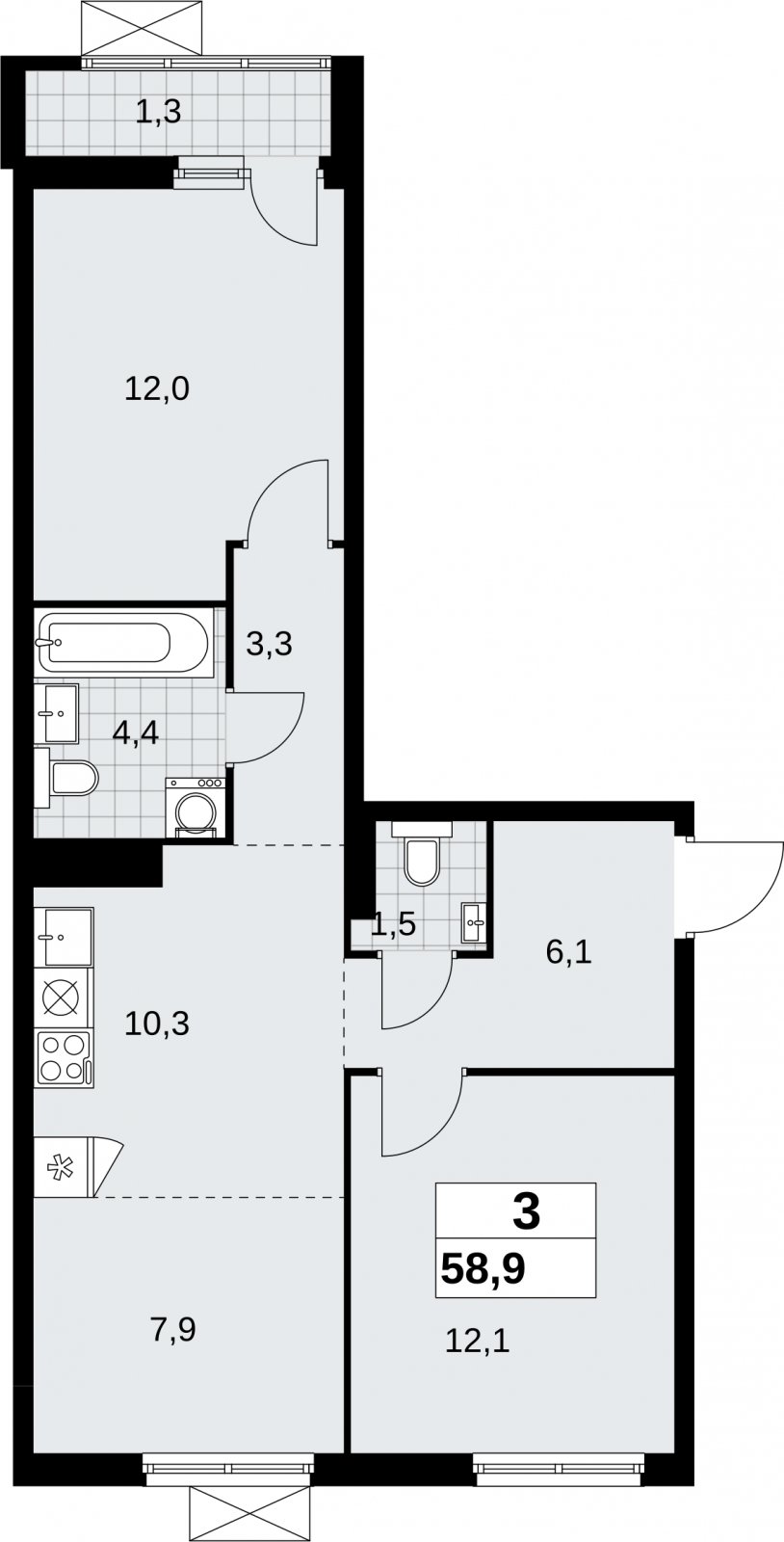 3-комнатная квартира (евро) без отделки, 58.9 м2, 10 этаж, сдача 2 квартал 2026 г., ЖК Дзен-кварталы, корпус 6.1.1 - объявление 2327117 - фото №1